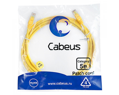Патч-корд Cabeus PC-UTP-RJ45-Cat.5e-3m-YL Кат.5е 3 м желтый
