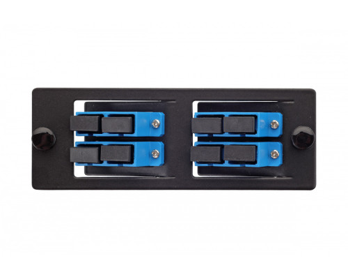 Планка Eurolan Q-SLOT, OS2 9/125, 4 х SC, Duplex, предустановлено 4, для слотовых панелей, цвет адаптеров: синий, наклонные, цвет: чёрный