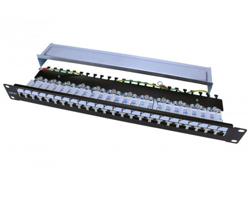 Комм. патч-панель Hyperline PP3, 19", 1HU, портов: 24 х RJ45, кат. 5е, универсальная, экр., цвет: чёрный, (PP3-19-24-8P8C-C5E-SH-110D)