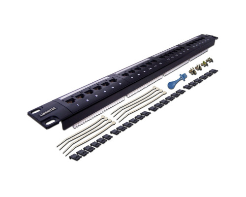 Комм. патч-панель Lanmaster, 19", 1HU, портов: 24 х RJ45, кат. 6, неэкр., цвет: чёрный, (LAN-PPL24U6)