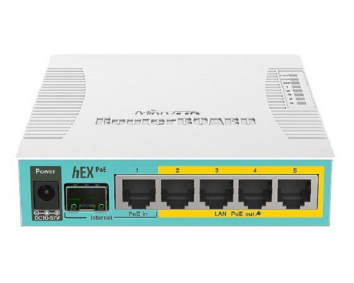 Маршрутизатор Mikrotik, HEX PoE, портов: 5, LAN: 4, USB: Да, 52х125х225 мм (ВхШхГ), цвет: белый, 802.3af/at, SFP порт, RB960PGS-PB