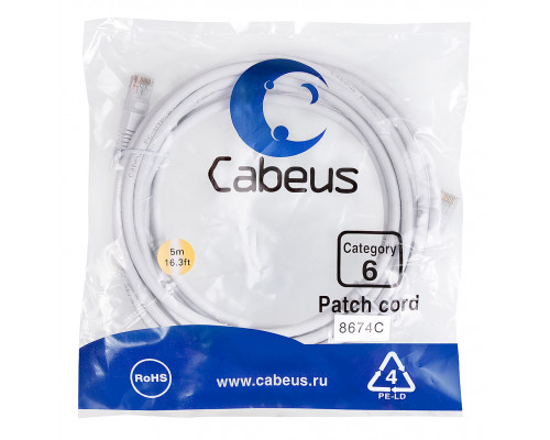 Патч-корд Cabeus PC-UTP-RJ45-Cat.6-5m-WH Кат.6 5 м белый