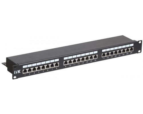 Комм. патч-панель ITK, 19", 1HU, портов: 24хRJ45, кат. 5е, экр., цвет: чёрный, (PP24-1UC5ES-D05)