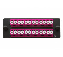 Планка Eurolan Q-SLOT, OM4 50/125, 12 х LC, Duplex, для слотовых панелей, цвет адаптеров: пурпурный, монтажные шнуры, КДЗС, цвет: чёрный