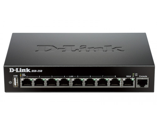 Маршрутизатор D-Link, DSR, портов: 10, LAN: 8, WAN: 1, скорость мб/с: 750, антенн: 2, USB: Да, 35х140х203 мм (ВхШхГ), цвет: чёрный, DSR-250/A4A