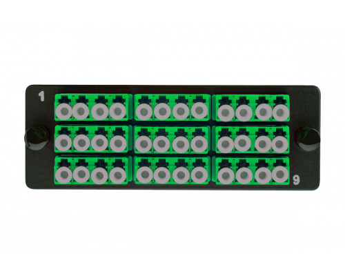 Планка Eurolan Q-SLOT, OS2 9/125, 9 х LC, Quatro, для слотовых панелей, цвет адаптеров: зеленый, APC, цвет: чёрный