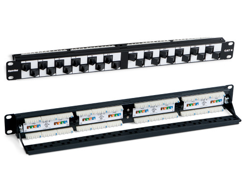 Комм. патч-панель Hyperline, 19", 1HU, портов: 24 х RJ45, кат. 6, универсальная, неэкр., цвет: чёрный, (PP2A-19-24S-8P8C-C6-110)