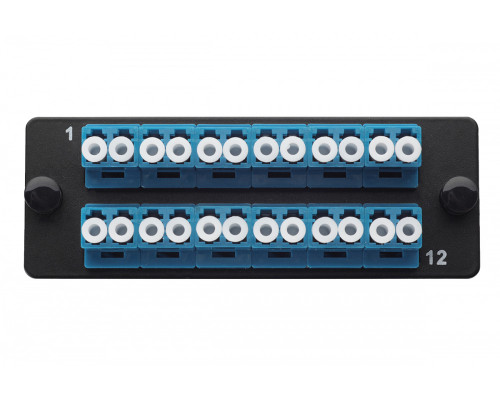 Планка Eurolan Q-SLOT, OS2 9/125, 12 х LC/UPC, Duplex, для слотовых панелей, цвет адаптеров: синий, монтажные шнуры, КДЗС, цвет: чёрный