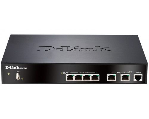 Маршрутизатор D-Link, DSR, портов: 7, LAN: 4, WAN: 2, скорость мб/с: 950, USB: Да, 44х180х280 мм (ВхШхГ), цвет: чёрный, DSR-500/B1A