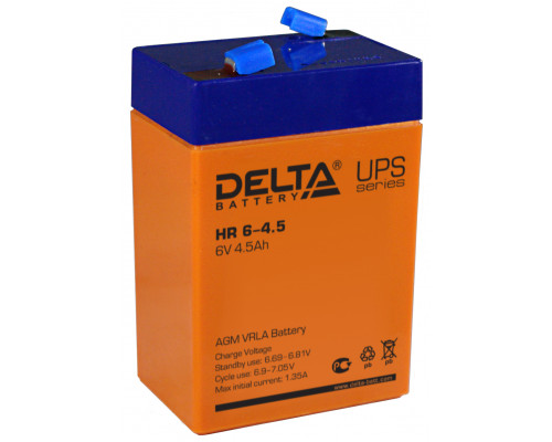 Аккумулятор для ИБП Delta Battery HR, 107х47х70 мм (ВхШхГ),  Необслуживаемый свинцово-кислотный,  6V/4,5 Ач, цвет: оранжевый, (HR 6-4.5)