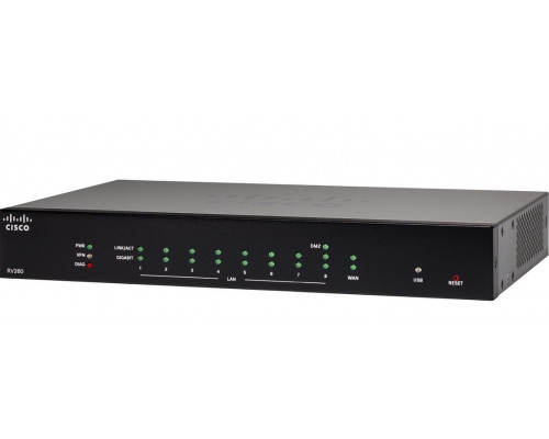 Маршрутизатор Cisco, Small Business, портов: 10, LAN: 8, WAN: 1, скорость мб/с: 800, 38,5х279х170 мм (ВхШхГ), цвет: чёрный, 1 порт RJ-45, RV260-K8-RU