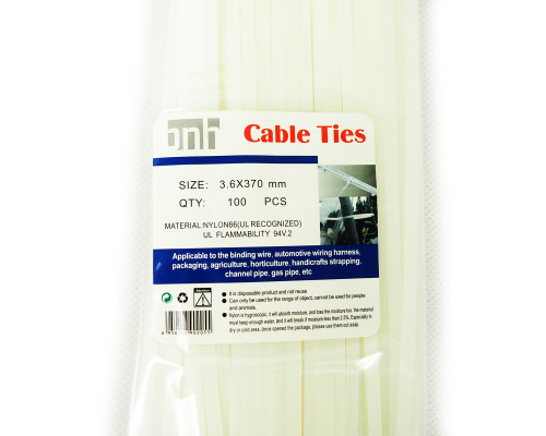 Стяжка кабельная BNH, неоткрывающаяся, 3,6 мм Ш, 370 мм Д, 100 шт, материал: нейлон, цвет: белый