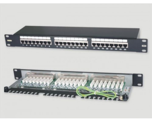 Комм. патч-панель Eurolan, 19", 1HU, портов: 24 х RJ45, кат. 6, универсальная, экр., цвет: чёрный, (27B-F6-24BL)