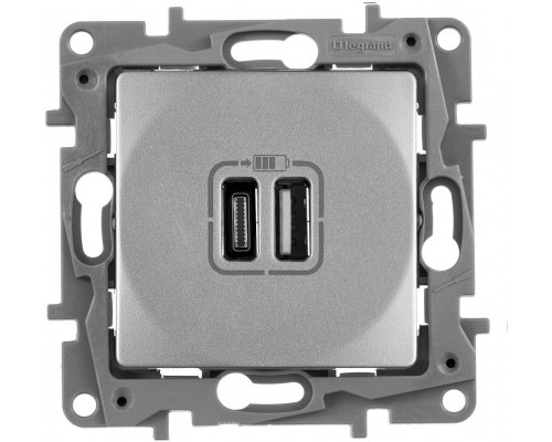 Розетка информационная Legrand Etika, 2x USB, цвет: алюминий, (LEG.672436)
