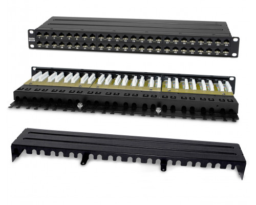 Комм. патч-панель Hyperline, 19", 1HU, портов: 48 х RJ45, кат. 6A, универсальная, неэкр., цвет: чёрный, (PPHD-19-48-8P8C-C6A-110D)