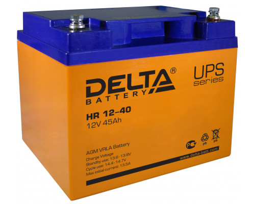 Аккумулятор для ИБП Delta Battery HR, 170х166х198 мм (ВхШхГ),  Необслуживаемый свинцово-кислотный,  12V/45 Ач, цвет: оранжевый, (HR 12-40)