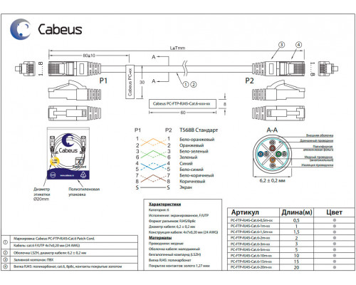 Патч-корд Cabeus PC-FTP-RJ45-Cat.6-3m-LSZH Кат.6 3 м серый