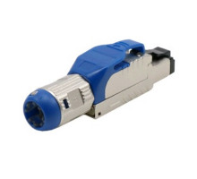 Коннектор Hyperline PLUE, RJ45(8p8c), toolless, кат. 8, экр., для одножильного кабеля, цвет: синий, накручивающийся хвостовик, IDC