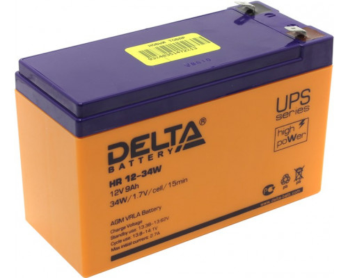 Аккумулятор для ИБП Delta Battery HR-W, 100х65х151 мм (ВхШхГ),  Необслуживаемый свинцово-кислотный,  12V/9 Ач, цвет: оранжевый, (HR 12-34W)