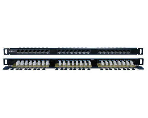 Комм. патч-панель Hyperline, 19", 0,5HU, портов: 24 х RJ45, кат. 6, универсальная, неэкр., цвет: чёрный, (PPHD-19-24-8P8C-C6-110D)