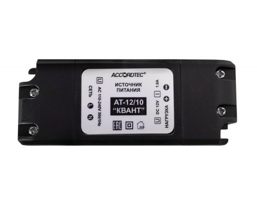 Блок питания AccordTec, пластик, цвет: чёрный, AT-12/10 КВАНТ для контроля доступа, ОПС, видео, СКУД, помещения, улицы, (AT-02479)
