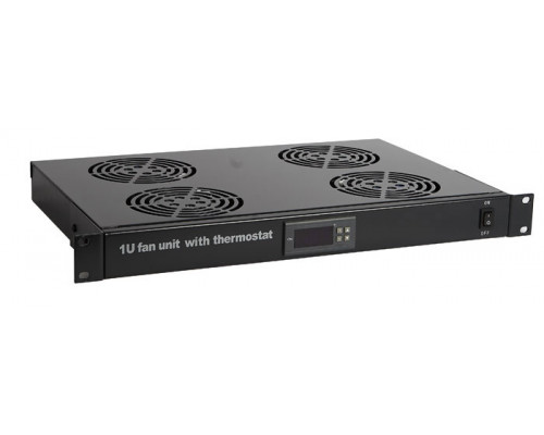 Вентиляторный модуль Hyperline TRFA-MICR, термостат, 220V, 1U, 38х482х290 мм (ВхШхГ), вентиляторов: 4, поток: 136 м3/ч, для шкафов, цвет: чёрный