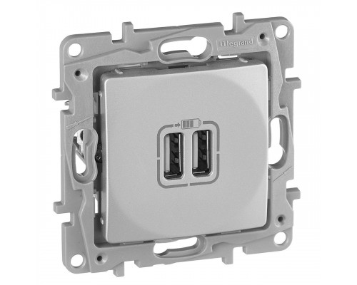 Розетка информационная Legrand Etika, 2x USB, цвет: алюминий, (LEG.672435)
