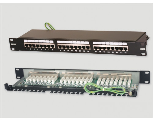 Комм. патч-панель Eurolan, 19", 1HU, портов: 24 х RJ45, кат. 5е, универсальная, экр., цвет: чёрный, (27B-F5-24BL)