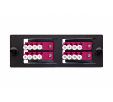 Планка Eurolan Q-SLOT, OM4 50/125, 4 х LC/PC, Quatro, предустановлено 4, для слотовых панелей, цвет адаптеров: пурпурный, наклонные, монтажные шнуры,