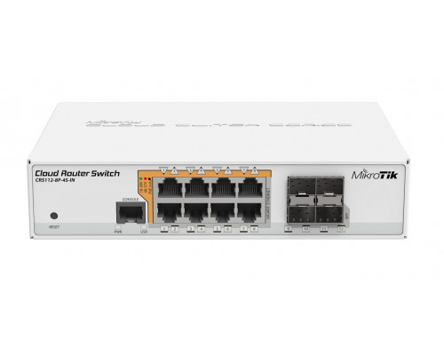 Маршрутизатор Mikrotik, CRS, портов: 8, 44х142х200 мм (ВхШхГ), последовательный порт RJ45, комбинированные порты Ethernet 4., CRS112-8P-4S-IN