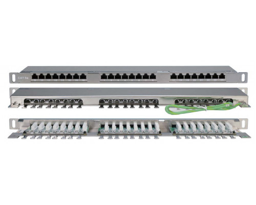 Комм. патч-панель Hyperline, 19&quot;, 0,5HU, портов: 24 х RJ45, кат. 5е, универсальная, экр., цвет: серый, (PPHD-19-24-8P8C-C5E-SH-110D)
