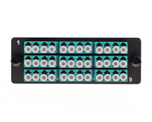 Планка Eurolan Q-SLOT, OM4 50/125, 9 х LC, Quatro, для слотовых панелей, цвет адаптеров: бирюзовый, монтажные шнуры, КДЗС, цвет: чёрный