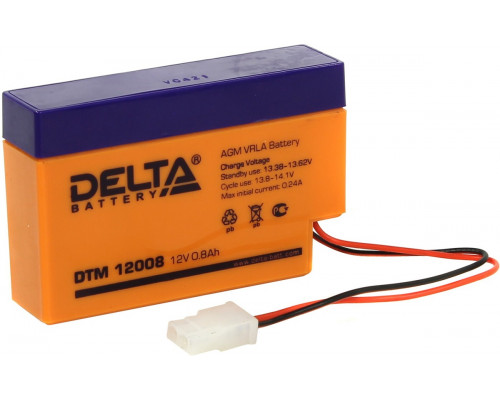 Аккумулятор для ИБП Delta Battery DTM, 62х25х96 мм (ВхШхГ),  Необслуживаемый свинцово-кислотный,  12V/0,8 Ач, цвет: оранжевый, (DTM 12008)