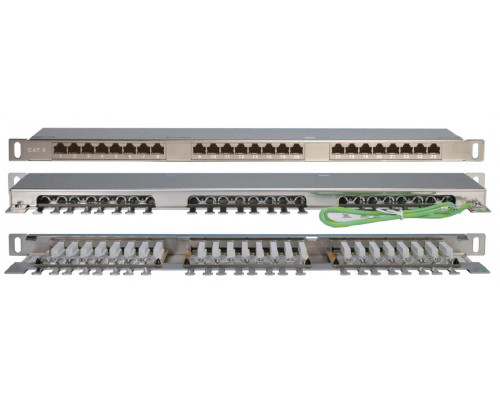 Комм. патч-панель Hyperline, 19", 0,5HU, портов: 24 х RJ45, кат. 6, экр., цвет: серый, (PPHD-19-24-8P8C-C6-SH-110D)