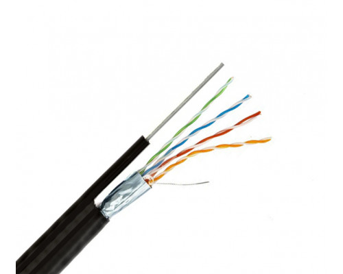 Кабель витая пара Hyperline, PE, F/UTP, кат. 5е, проводник Ø 0,51мм, 500м, катушка, тип прокладки: снаружи зданий, цвет: чёрный, металлич. трос ∅ 1.25