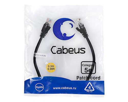 Патч-корд Cabeus PC-UTP-RJ45-Cat.5e-0.3m-BK-LSZH Кат.5е 0.3 м черный