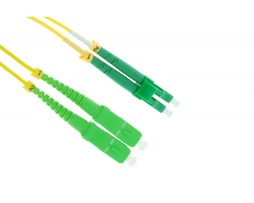 Комм. шнур оптический Hyperline, Duplex SC/LC (APC), OS2 9/125, LSZH, 10м, Ø 2мм, зелёный хвостовик, цвет: жёлтый