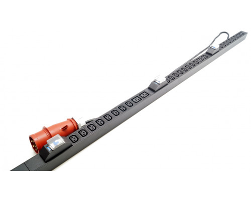 Блок силовых розеток Hyperline SHE, IEC 320 C13 х 24, IEC 60320 С19 х 6, вход IEC 309 16A 3P+N+E, шнур 3 м, 1 555мм, трехфазный 16А, автомат, чёрный