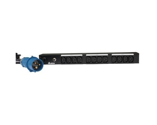 Блок силовых розеток Delta, IEC 60320 С19 х 6, вход IEC 60309, шнур 2,4 м, 440х44х50 мм (ВхШхГ), 32А, автомат, фильтр защиты перенапряжений, чёрный, б