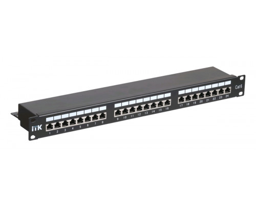Комм. патч-панель ITK, 19", 1HU, портов: 24хRJ45, кат. 6, экр., цвет: чёрный, (PP24-1UC6S-D05)
