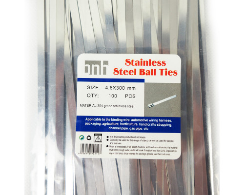 Стяжка кабельная BNH, неоткрывающаяся, 4,6 мм Ш, 300 мм Д, 100 шт, материал: нержавеющая сталь inox 304