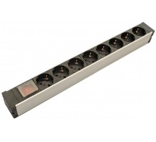 Блок силовых розеток Hyperline SHT19-(X)SH, Shuko х 8, вход IEC 320 C14, для шкафов, 44мм, однофазный 10А, выключатель, светло-серебристый металлик, с