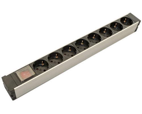 Блок силовых розеток Hyperline SHT19-(X)SH, Shuko х 8, вход IEC 320 C14, для шкафов, 44мм, однофазный 10А, выключатель, светло-серебристый металлик, с
