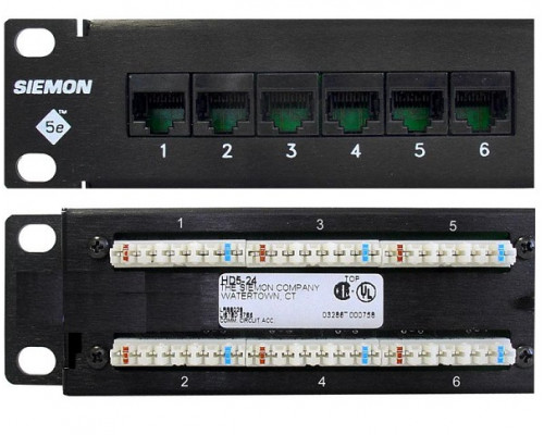 Комм. патч-панель Siemon, 19", 1HU, портов: 24хRJ45, кат. 5е, универсальная, неэкр., цвет: чёрный, (HD5-24)