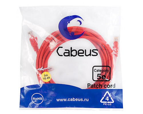Патч-корд Cabeus PC-UTP-RJ45-Cat.5e-5m-RD-LSZH Кат.5е 5 м красный