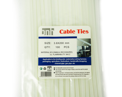 Стяжка кабельная BNH, неоткрывающаяся, 3,6 мм Ш, 200 мм Д, 100 шт, материал: нейлон, цвет: белый