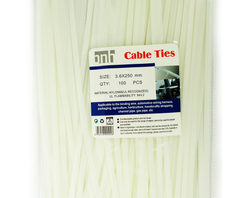 Стяжка кабельная BNH, неоткрывающаяся, 3,6 мм Ш, 250 мм Д, 100 шт, материал: нейлон, цвет: белый