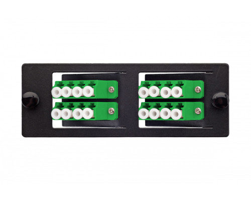 Планка Eurolan Q-SLOT, OS2 9/125, 4 х LC/APC, Quatro, предустановлено 4, для слотовых панелей, цвет адаптеров: зеленый, наклонные, цвет: чёрный