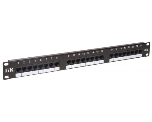 Комм. патч-панель ITK, 19", 1HU, портов: 24хRJ45, кат. 5е, неэкр., цвет: чёрный, (PP24-1UC5EU-D05)