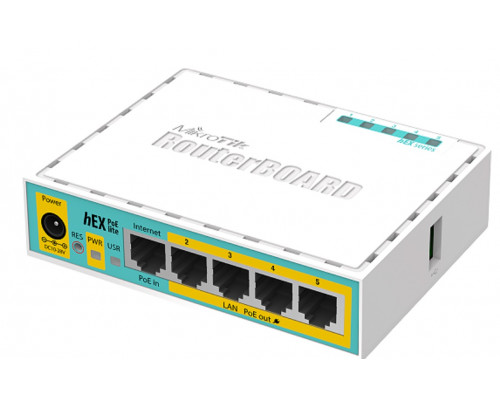 Маршрутизатор Mikrotik, HEX PoE lite, портов: 5, LAN: 4, USB: Да, 28х89х113 мм (ВхШхГ), цвет: белый, RB750UPr2